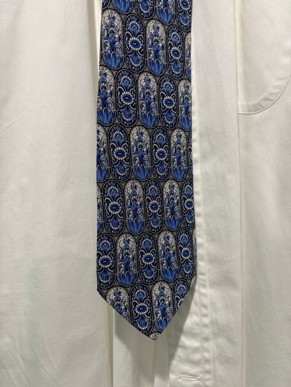 Gianfranco Ferre Blue, White and Black Floral Medallion Silk Tie